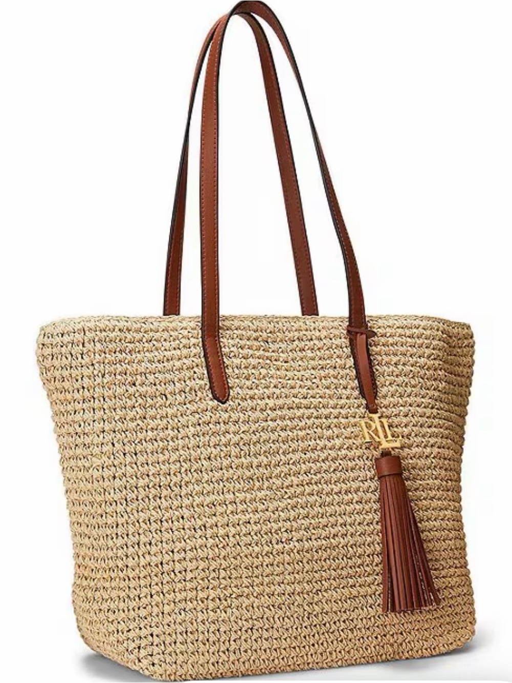 Lauren Ralph Whitney Medium Crochet Straw Tote Natural Leather Trim w Tassel